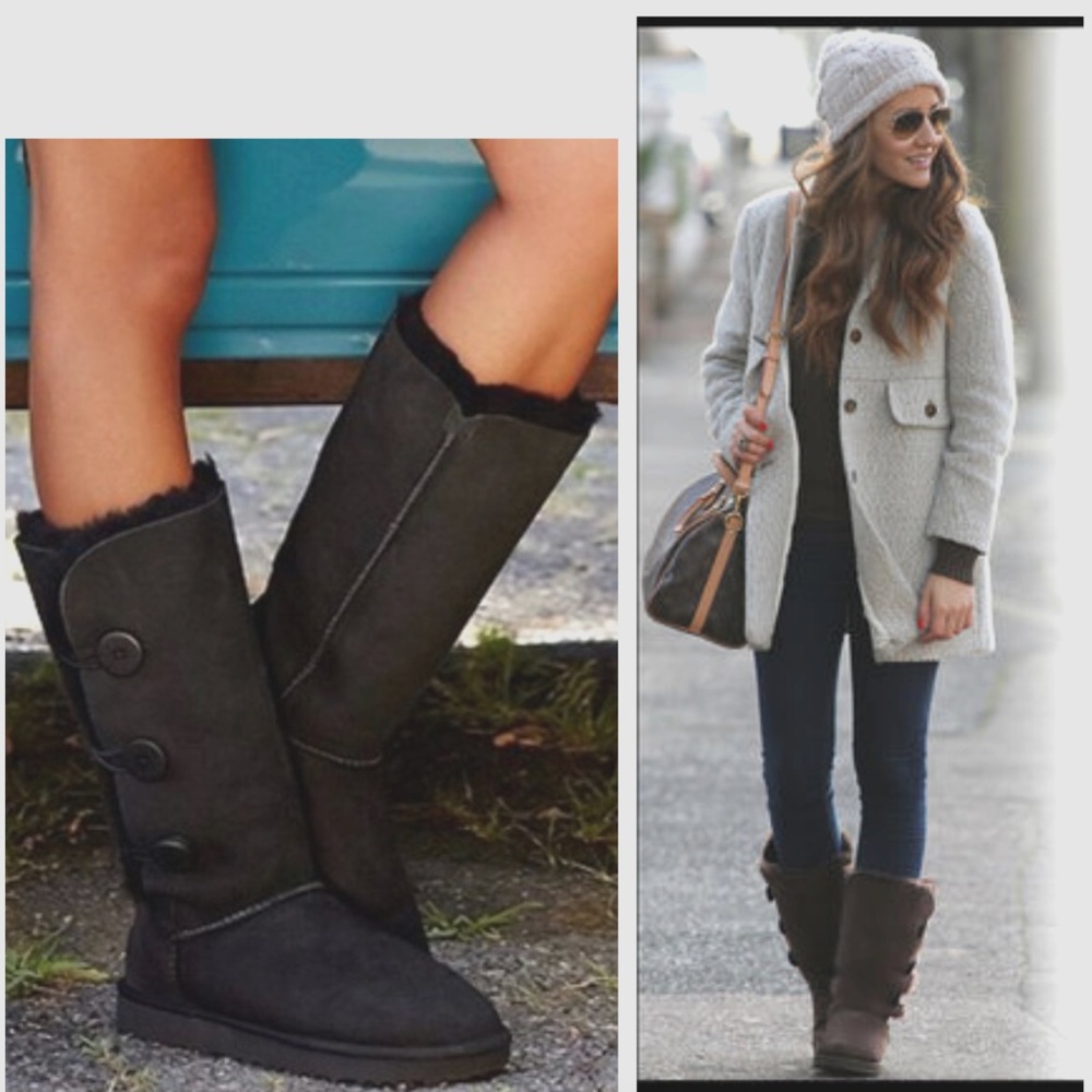 UGG Classic Bailey Button Triplet Boots Sz 6 Sheepskin Shearling Black Tall